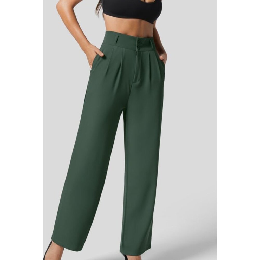 Halara High Waisted Shirred Straight Leg Work Pants Sz L Womens Green Pockets